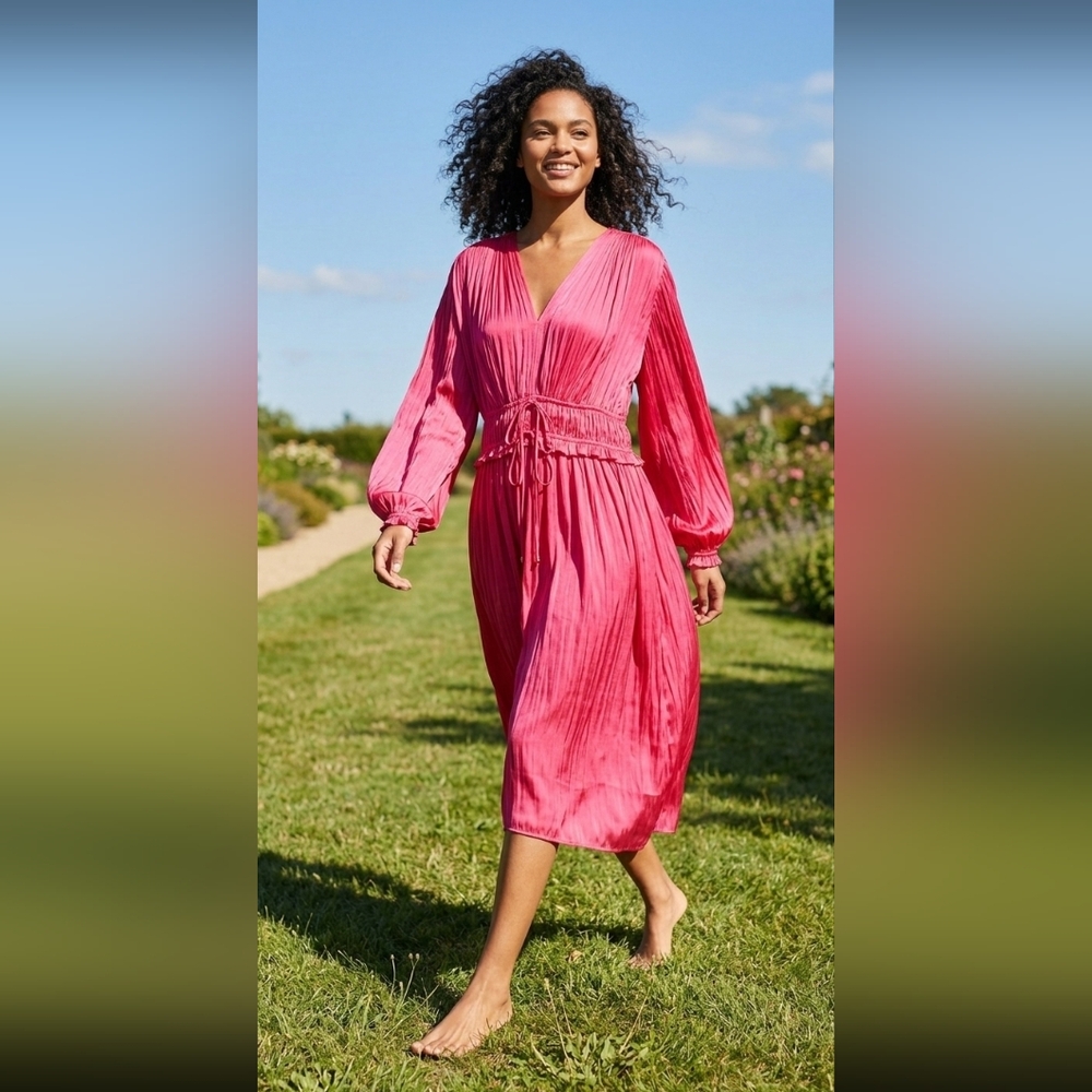 NWT Elie Tahari Ruched Tie-Waist Midi in Lido Pink Satin Crinkle Dress L $375